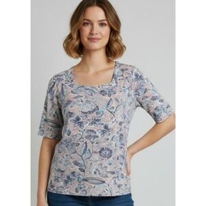 Croft & Barrow Patriotic Floral Elbow Sleeve Tee Red, White & Blue Size L